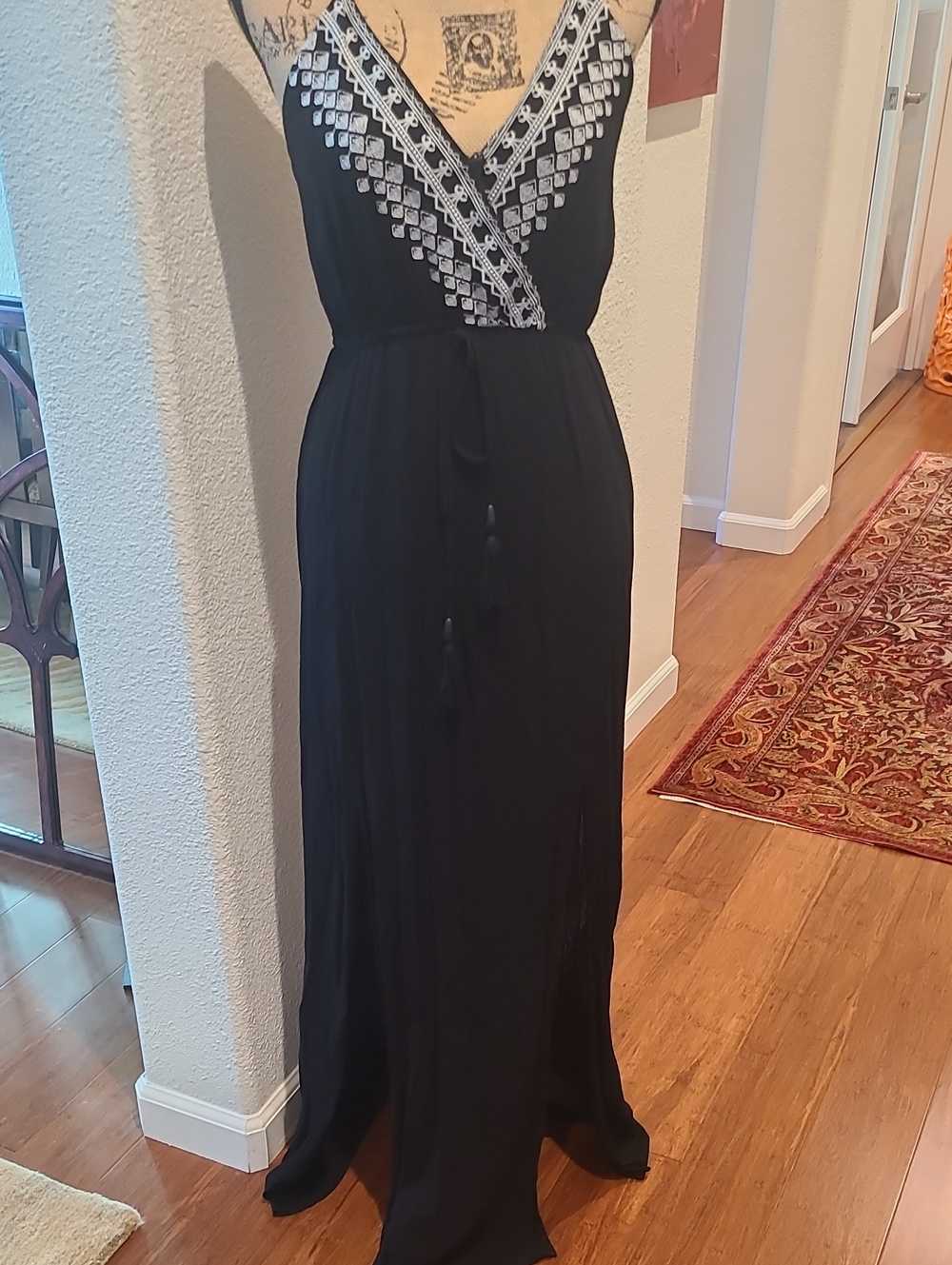 Women's Black Embroidered V-Neck Maxi Dress with Tassel Tie